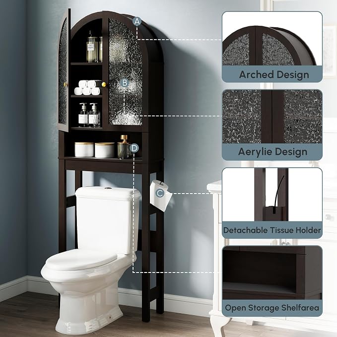 Over The Toilet Storage Cabinet, Arched Bathroom Organizer and Storage with Acrylic Doors and Adjustable Shelf , Space-Saving Modern Freestanding Bathroom Modern Storage Cabinet Over Toilet (Espresso)