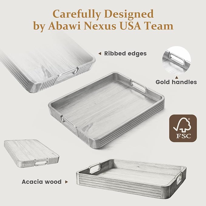 Acacia Wood Serving Tray with Metal Handles, 17x13in, Decorative Coffee Table Tray & Ottoman Tray, Anti-Slip Pads, Dark Wood Tray for Breakfast in Bed, Bar Tray, Gift Box