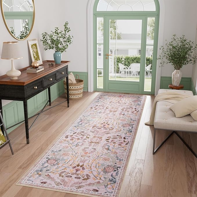 AMTOVO 2x6 Runner Rug for Hallway, Washable Non-Slip Long Kitchen Carpet, Floral Vintage Distressed Floor Mat for Hallways Entryway Living Room Laundry Room Bathroom Farmhouse, Pink