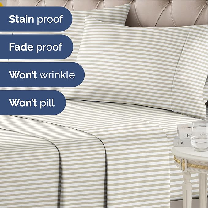 Striped Sheets - Grey Striped Sheets - 1 Flat & 1 Fitted & 2 Pillowcases w/ Deep Pockets – Comfy, Wrinkle & Fade Free - Ultra-Soft, Breathable & Cooling – Luxury Pinstripe Bedding - King Size Bed Set