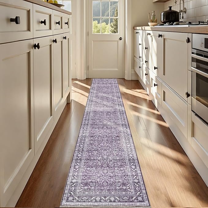OPPODREAM Vintage Purple 2x12 Runner Rug, 2 x 12 Retro Washable Rug Non Slip, Low-Pile Faux Wool Carpet, Distressed Floor Mat for Kitchen, Hallway, Entry-Way, Entrance, Indoor Back Door
