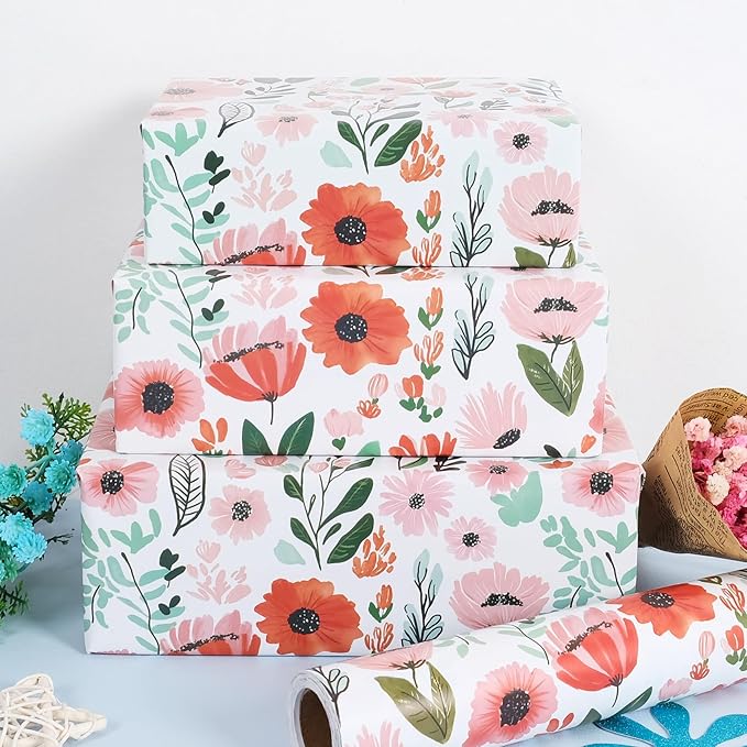 RayofSun Pink Floral Wrapping Paper Roll 17 in x 32 ft Mini Roll All Occasion Wildflower Flower Green leaves Gift Wrap Paper for Wedding Birthday Bridal Shower Party Wrapping Supplies