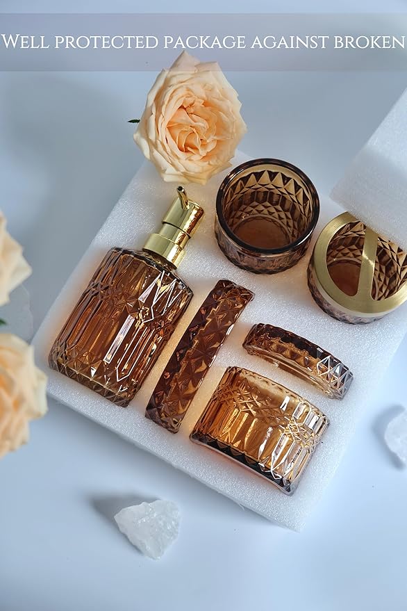 LaMarriti Amber Bathroom Accessories Set, 5Pcs Clear Glass Bathroom Sets, Hand Soap Dispenser, Soap Dish, Toothbrush Holder Set, Qtips Holder for Crystal Vintage Bath Decor, Set
