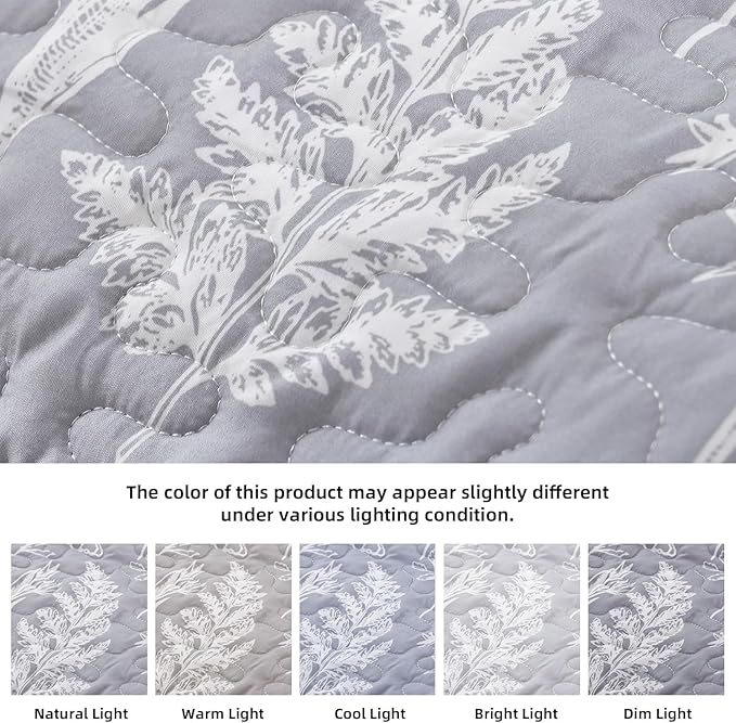 JANZAA Quilt King Size Grey Quilt Bed Spread Boho Quilt with Floral Pattern Microfiber Quilts Set 3 Pieces Lightweight Comforter Reversible Bedding Set,1 Quilt 104x90 inches, 2 Pillowcases