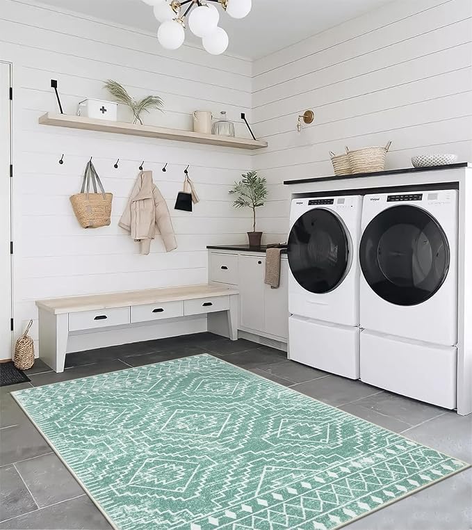 Wonnitar Moroccan Area Rugs 4x6, Sage Green Boho Rug for Bedroom, Washable Ultra-Thin Living Room Throw Mat, Farmhouse Geometric Soft Print Carpet for Nursery Bathroom Kitchen (Mint Green,4'x6')