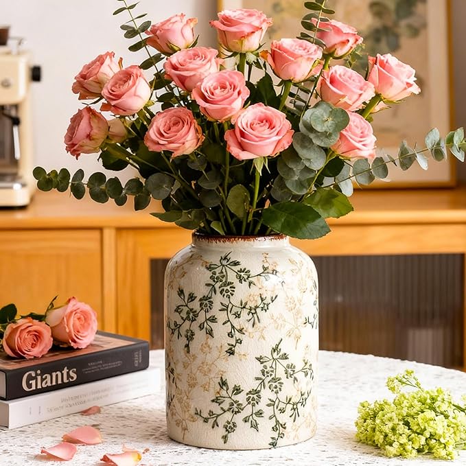 Fitous Green Chinoiserie Floral Vase, Ceramic Farmhouse Flower Vase, Creative Ice Cracked Vintage Vases for Home Decors, Cottage, Dining Coffee Table Centerpiece, Bookshelf, Tuscan Decor,8.3 Inch