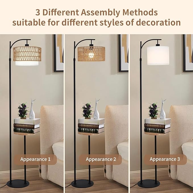 ZECOXOL Arc Floor Lamp with Table and Shelves,Rattan Boho Floor Lamp with Remote Control,Rustic Floor Lamps for Bedroom Wicker Standing Lamp with 3 Color Temperature Tall Lamp for Living Room Corner