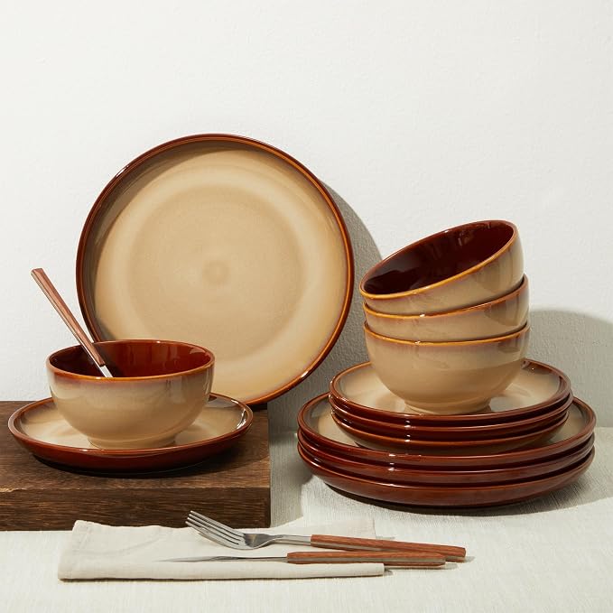 Pokini Ceramic Dish Set for 6, 18 Piece Dinnerware Set for Small to Medium Families, Reactive Glaze Design, Dishwasher & Microwave Safe, Brown Yellow