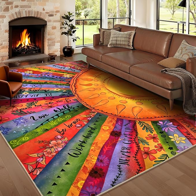 Likiyol Sun Rugs for Living Room 5x7 Area Rugs, Non Slip Washable Rugs for Bedroom Soft Faux Cashmere Inspirational Living Room Rug, Large Carpet Low Pile Rug for Dining Room, Home Office Decor