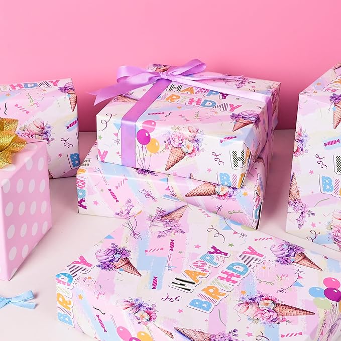 Altarho Reversible Ice Cream Wrapping Paper Roll for Kids Girls Women - 17 Inch x 20 Feet - Pink Summer Happy Birthday and Polka Dot Design Gift Wrap for Baby Shower Party Total 28.5sq.ft