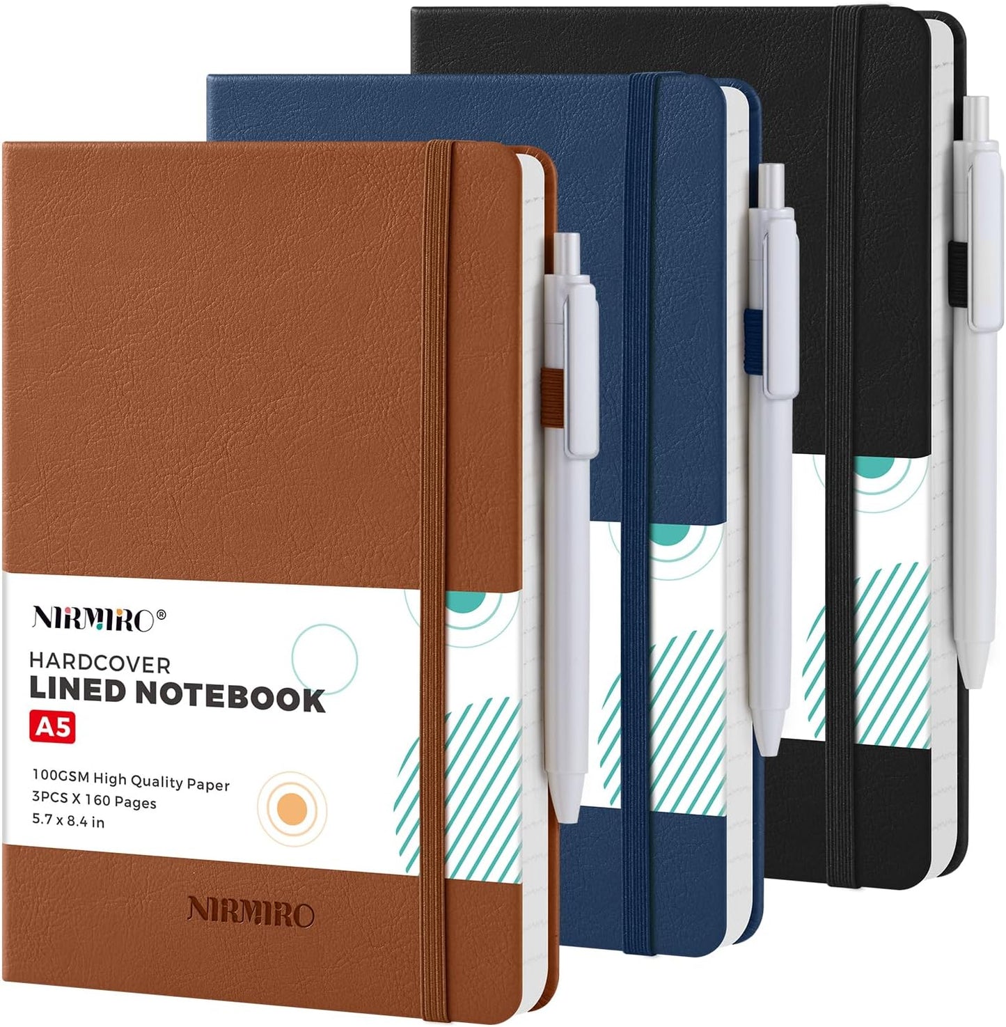Skiennix Lined Journal Notebook - Leather Hardcover A5 (5.7"x8.4") | 3-Pack for Work & Travel