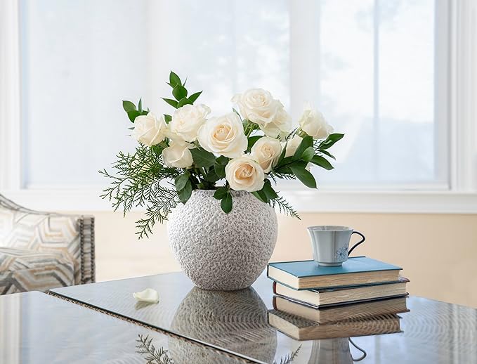 CozyWel White Ceramic Vase Flower Vase, Big Textured Round Vase for Centerpieces, Kitchen, Living Room, Bedroom Decor Gifts