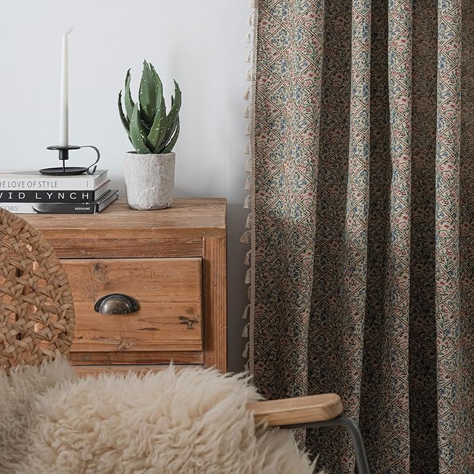 ENJOYBRIDAL Floral Living Room Curtains 96 Inch Long Boho Drapes Jacquard Semi Sheer Bedroom Patterned Window Curtains Farmhouse Country Rod Pocket Aesthetic Tassel 2 Panels Window Treatments