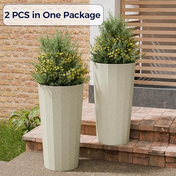 23.6" Tall Outdoor Planters Set of 2, Large Planters for Outdoor Plants for Porch Decor with Drainage Hole, Wide Stripe Design Porch Flower Pots for Indoor Pot Patio/Garden, Off White