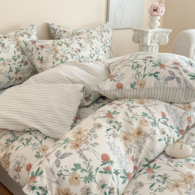 EAVD Fresh Garden Botanical Floral Duvet Cover King Soft 100% Cotton Chic Floral Leaves Print Bedding Set with 2 Pillowcases Aesthetic Botanical Comforter Cover with Zipper Closure