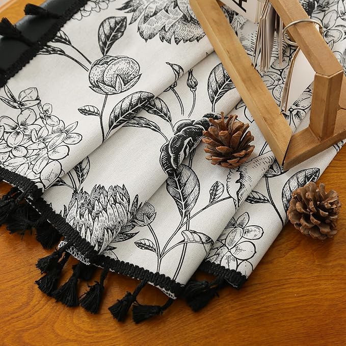 100% Blackout Black Floral Farmhouse Curtains Living Room Thermal Insulated Drapes Elegant Peony Pattern & Tassel Curtains 2 Panels Blocking Curtains for Windows Floral Drapes (52W*96L)