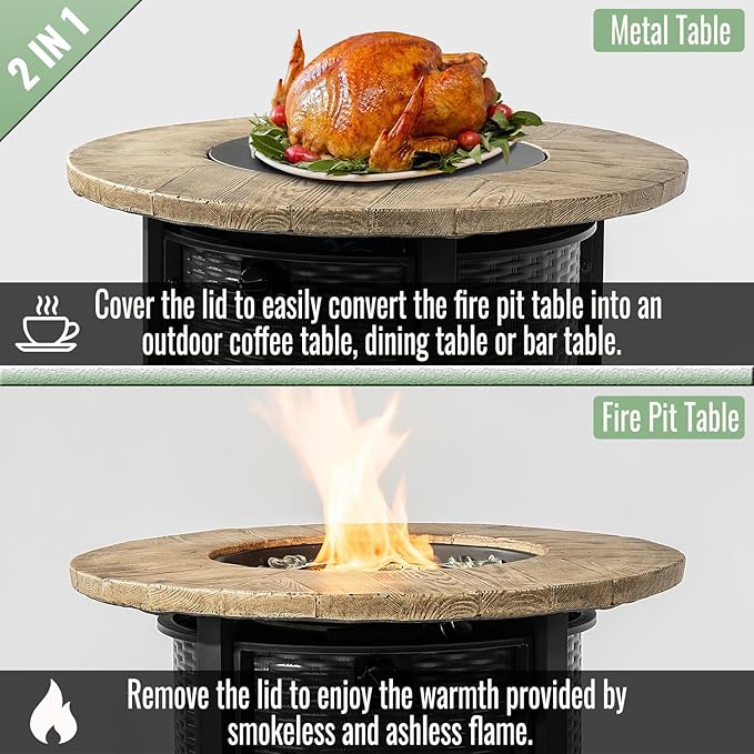 30" Propane Gas Fire Pit Table, 50000 BTU Imitation Wood Grain Finish Round Steel Fire Pit with Lid & Glass 2 in 1 Fire Pit Table Rock for Outside Patio Deck Garden Courtyard