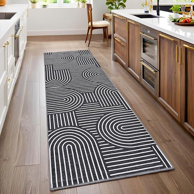 Washable 2x6 Black Runner Rug Modern Abstract Lines Runners for Hallway Non Slip Bathroom Rug Non Slip Kitchen Rugs Modern Minimalist Indoor Accent Carpet for Bedside Entryway Porch, Black