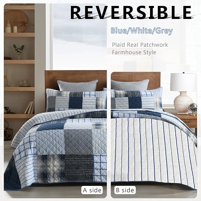 Yvooxny King Quilt Set Bedspread Reversible Plaid Grid Quilted Bedspread 3-Piece Real Patchwork Quilt Bedding Set with Pillowcases for All Seasons, King Size, 108 * 96 Inches