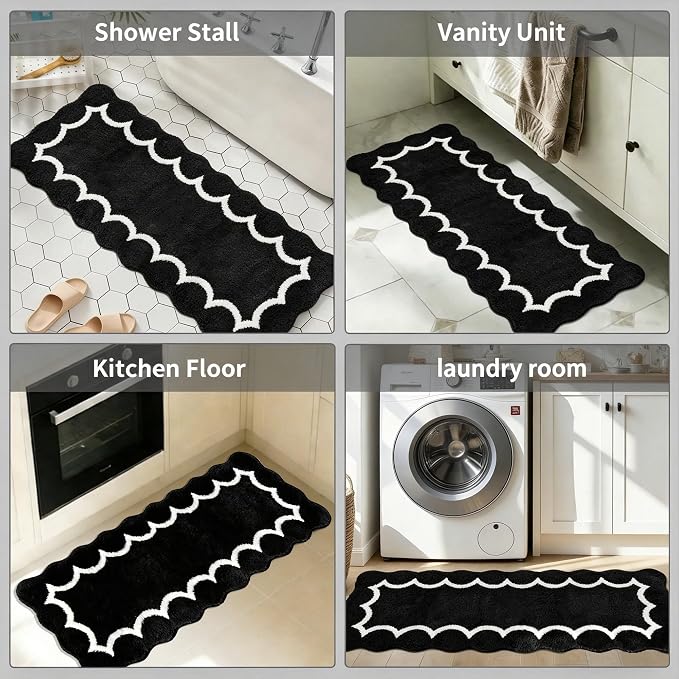 Scalloped Black Bathroom Rugs Mat,Shaggy Soft Non Slip Absorbent Quick Dry Bath Mats for Shower Room,Plush Microfiber Bath Rug for Bathroom Floor Carpet for Shower Tub Sink Bedroom,17"x47"