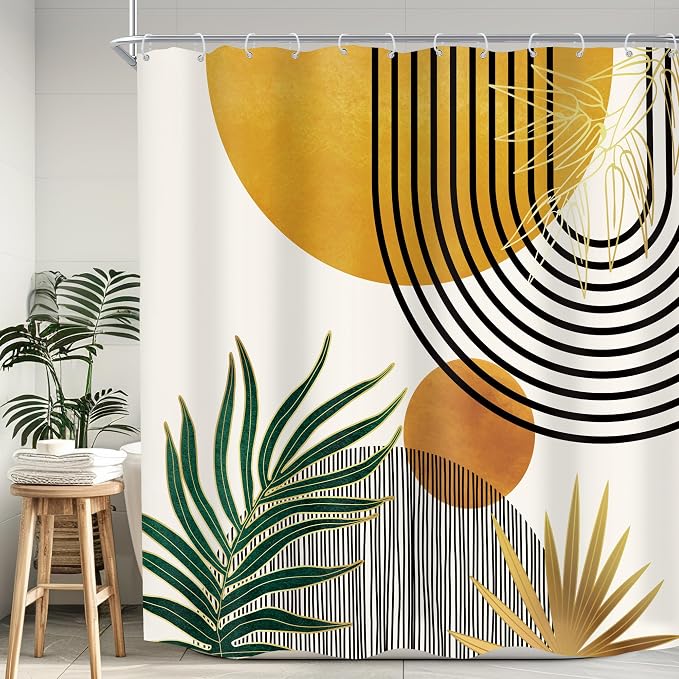 KOMLLEX Mid Century Boho Shower Curtain for Bathroom Decor Abstract Modern Sun Minimalist Aesthetic Arch Curve Leaves Geometric Yellow Gold Neutral Fabric Waterproof Polyester 12 Hook 72Wx72H