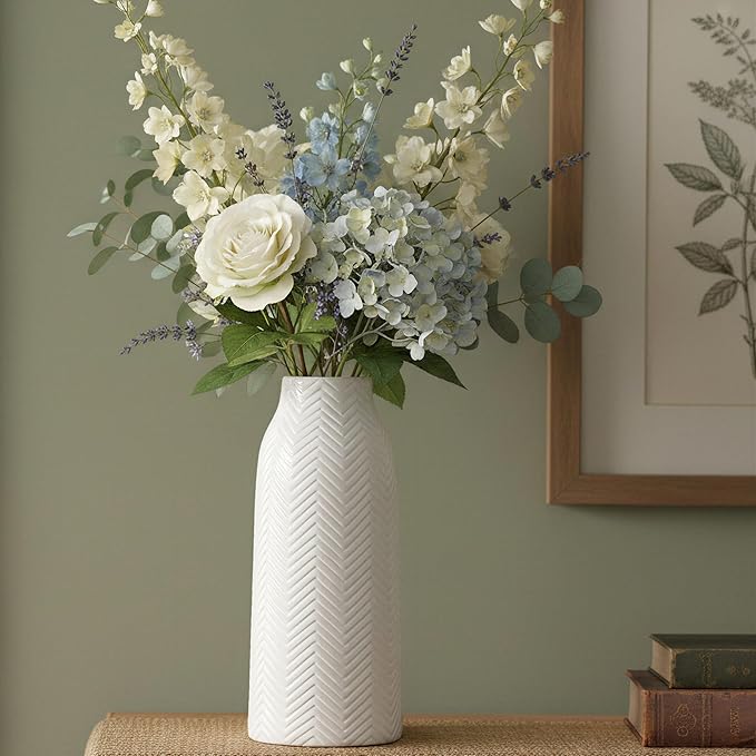 hjn White Vase for Flowers Ceramic Vase for Decor, Modern Decorative Tall Vases for Your Kitchen/Office/Living Room/Bookshelf/Mantel - White Texture(Medium