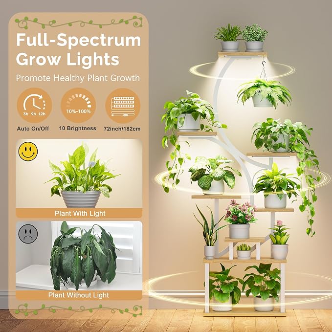 Plant Stand with Grow Lights for Indoor Plants, 8-Tiered Tall Corner Plant Shelf with Full Spectrum Light, S-Shaped Space-Saving Narrow Flower Holder, Anti-Tip for Living Room Bedroom Office, Natural