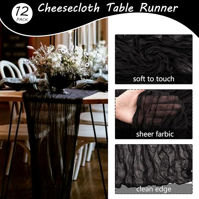 12 Pack 10Ft Cheesecloth Table Runner 35x120 Inch Boho Gauze Table Runner Rustic Cheese Cloth Long Romantic Table Runners for Wedding Bridal Shower Birthday Party Table Decor (Black)