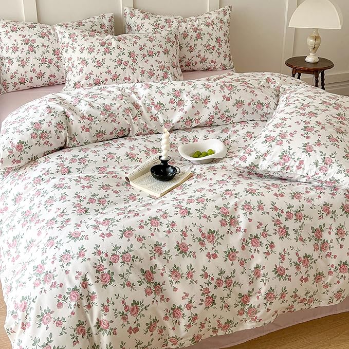 VM VOUGEMARKET Pink Floral Comforter Set Full 3 Pcs Vintage Peach Blossom Down Comforter with 2 Pillowcases All Season Soft Fluffy & Lightweight Comforter Set for Girls Women 80"x90"
