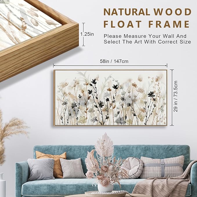 Framed Floral Wall Art Abstract Grey Cream White Grass Flowers Canvas Pictures Modern Landscape Painting Botanical Artwork for Living Room Bedroom Kitchen Office Wall Decor Ready to Hang 29"x58"