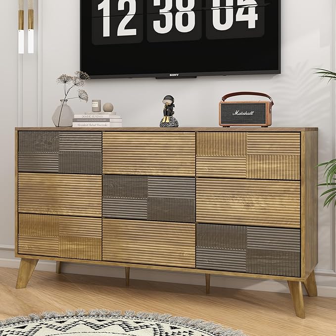 Hadulcet Wooden Dresser for Bedroom, 55” Long Mid Century Modern Fluted 9 Drawers Dresser Storage Clothes for Closet Organizer, Handleless Design, Push to Open, Dark Wood