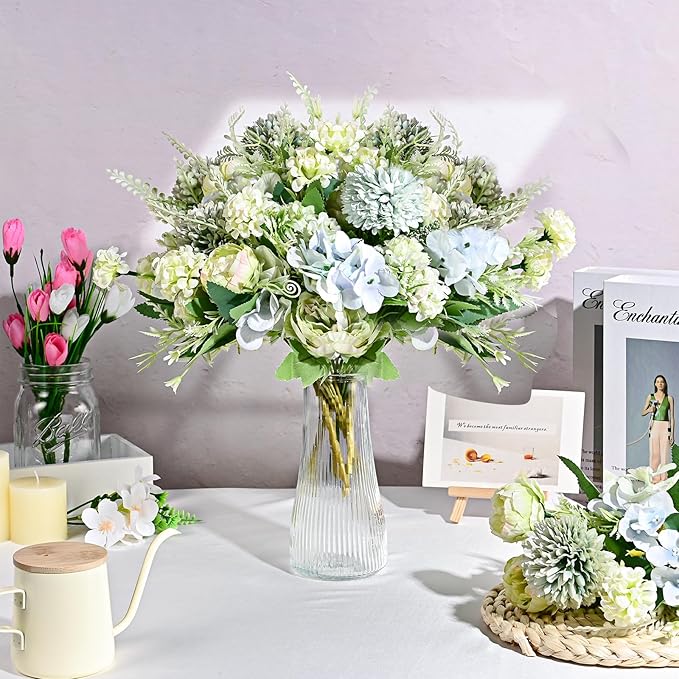 Olgaa 12 Bundles Peonies Artificial Flowers Silk Flowers Fake Peony Bouquet Faux Peonies Flowers Bulk for Wedding Decor Centerpiece Table Decorations (Blue Green)