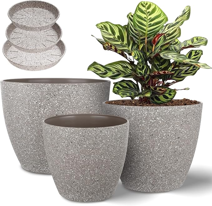 Vanavazon Plant Pots 9/8/7 Inch Set of 3 Flower Pots Indoor Outdoor Plastic Planters with Drainage Hole and Tray (Speckled Beige)