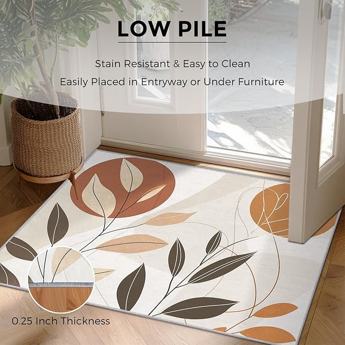 2x3 Abstract Leaves Throw Rugs for Entryway, Washable Mid Century Modern Pattern Indoor Door Mat, Bedroom Kitchen Entrance, Non Slip Soft Thin, Modern Botanical Decor Small Area Rug PF-P 117