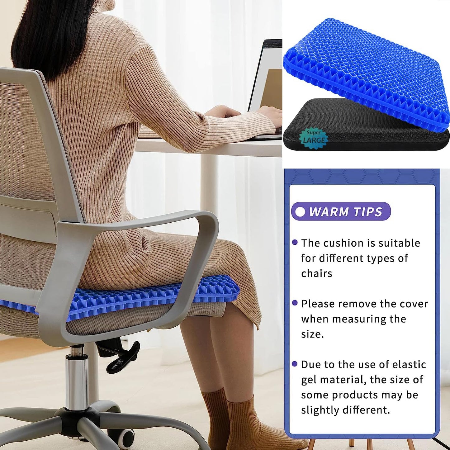 Skiennix Gel Seat Cushion - 19x19 Inch Pressure Relief for Long Sitting | Soft Breathable Gel Pad (Blue)