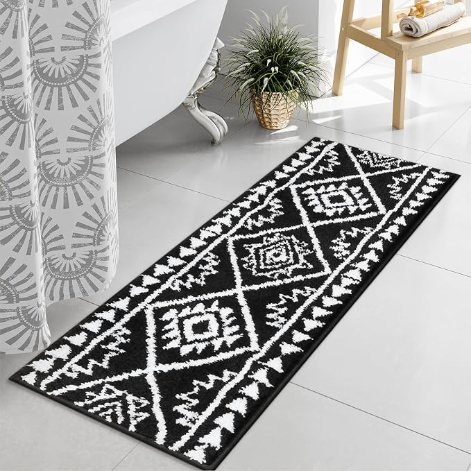 Uphome Boho Bathroom Runner Rug Black Tribal Long Bathroom Rug Western Non-Slip Washable Bath Mat Luxury Soft Absorbent Modern Bath Rugs for Shower Kids Room Entryway, 18x47 inch