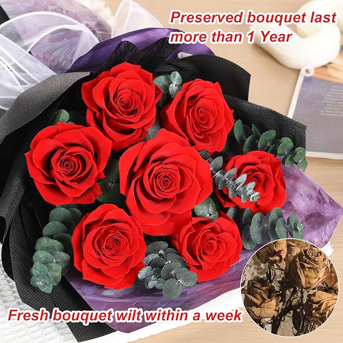 Preserved Flowers Bouquets 7 Roses, Long-Lasting Flower with Gift Box, Real Forever Flower Gifts for Delivery Women Wife Mom Friend on Anniversary Birthday Wedding (Red Roses)