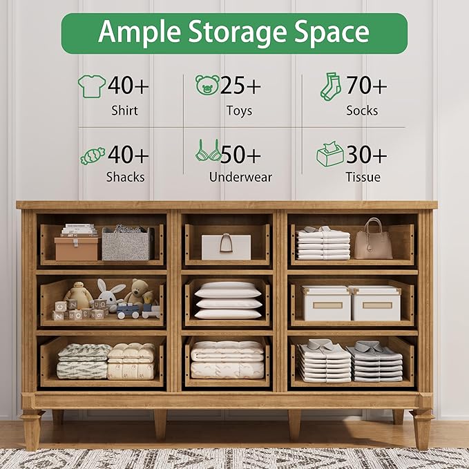 BLANKSPACE 9 Drawer Dresser for Bedroom, 35.7" Tall Dresser & Chest of Drawers wtih Vintage Surface, Closet Storage Cabinet for Living Room, Hallway, Natural Oak