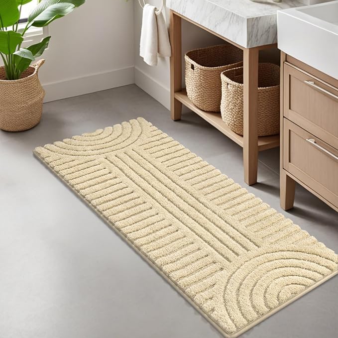 SHACOS Super Soft Bathroom Runner Rugs 24"x60" Non Slip Boho Bath Mats Microfiber Absorbent Carpet for Bath Room Machine Washable Shaggy Bath Rugs for Shower Bathtub Home Decor, Beige 2' x 5'