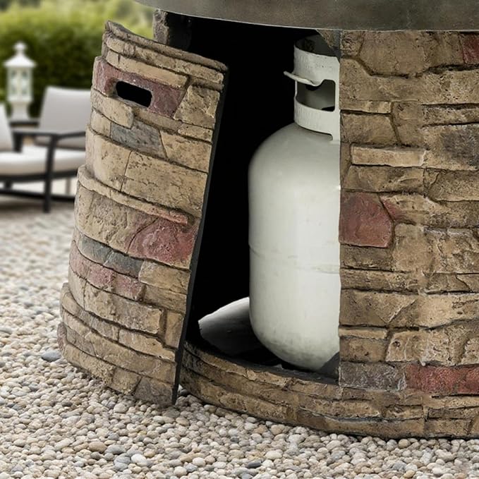 36-Inch Round Outdoor Fire Pit Table, Light Grey Stone Concrete, Modern Contemporary Style with Hidden Tank Storage (Light Grey, One Size)