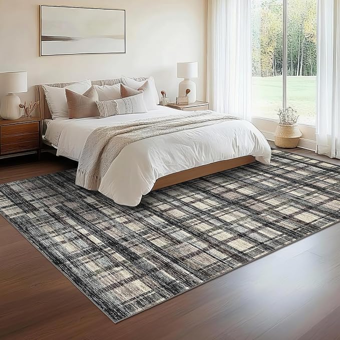 Washable Rugs 9 x 12 Rug for Living Room Plaid Area Rug Non Slip Large Area Rug Soft Non Shedding Throw Rugs Gingham Stain Resistant Carpet for Bedroom Office Dining Room Green/Brown 9'x12'