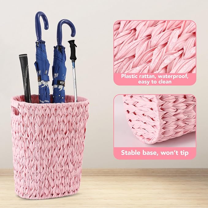 Bathroom Accessories Set, 25PCS Wicker Bathroom Accessory Set with Shower Curtain, Bath Mat, Soap Dispenser, Handwoven Trash Can & Rattan Tissue Box (Pink, Bath Set+Shower Curtain+Rugs)