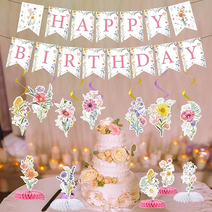Flower Birthday Decorations for Girls Women, 14PCS Wildflower Floral Happy Birthday Banners Hanging Swirls and Honeycomb Centerpieces Decor Supplies