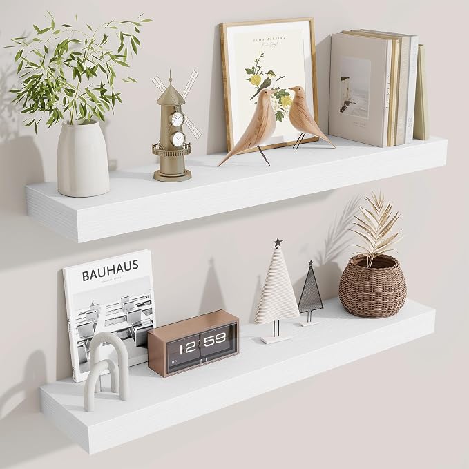 Fun Memories Floating Shelves 30 Inch, Wall Mounted Wood Shelf Set of 2, Farmhouse Decor for Bathroom, Bedroom, Kitchen, Living Room, White