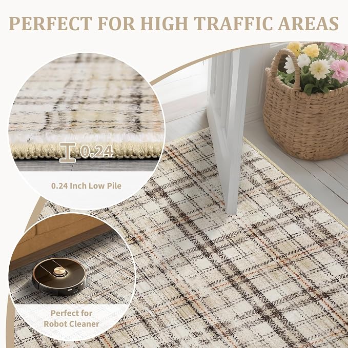 Washable 5x7 Soft Plaid Traditional Tartan Area Rug - Non Shedding, Non Slip, Stain Resistant, for Living Room, Bedroom, Nursery, Office - Beige