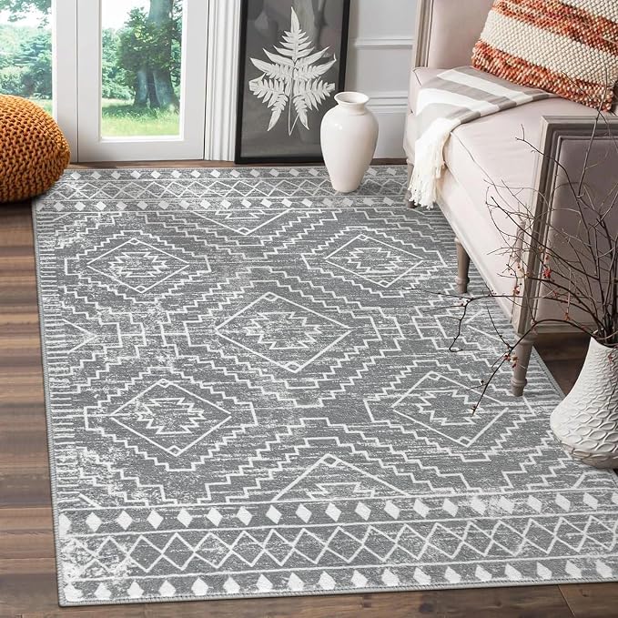 Wonnitar Moroccan Area Rugs 3x5, Gray Washable Entry Rug,Non-Slip Boho Small Bedroom Throw Mat, Non-Shedding Farmhouse Soft Low Pile Floor Carpet for Kitchen Bathroom Living Room (Silver Grey,3'x5')