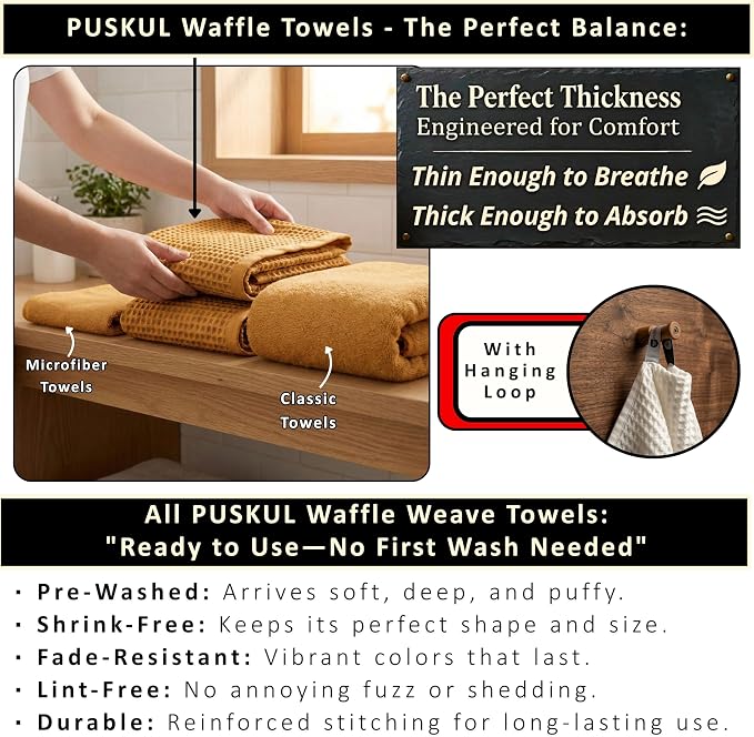 PÜSKÜL 4-Piece Natural 100% Turkish Cotton Luxury Waffle Towels for Bathroom | Premium Honeycomb Weave 2 Hand Towel & 2 Bath Towel Set | Soft Absorbent Quick-Dry Lightweight Towels (Mustrad Yellow)