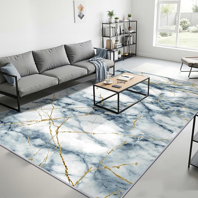Merelax 5x8 Abstract Rug for Livingroom Bedroom - Washable Non-Slip Modern Area Rug, Indoor Floor Carpet Low Pile Soft Rug for Dining Room, Mudroom, Aesthetic Geometric Decor, Blue/Gold
