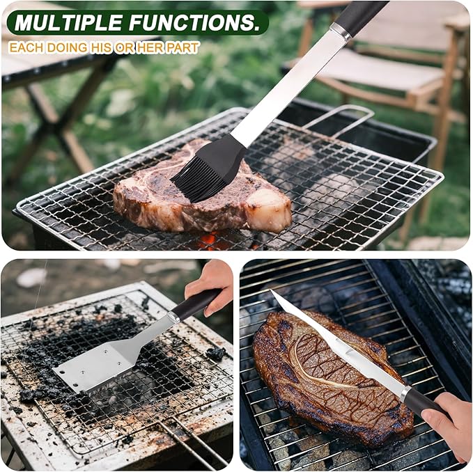 YJHOLE Grilling Accessories Set Spatula Fork Cleaning Brush Food Tongs Carving Knife Basting Brush Durable Stainless Steel BBQ Grill Tools with Extra Thick Storage Case BBQ Accessories Grill Set