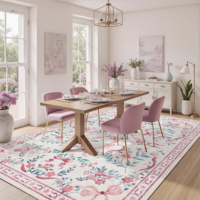 DCX Washable 5x7 Bow Rug, Pink Floral Rug for Girls’ Bedroom, Cute Soft Low Pile Indoor Décor Carpet, Kid & Pet Friendly Nursery Rug for Living Room, Dorm, Playroom